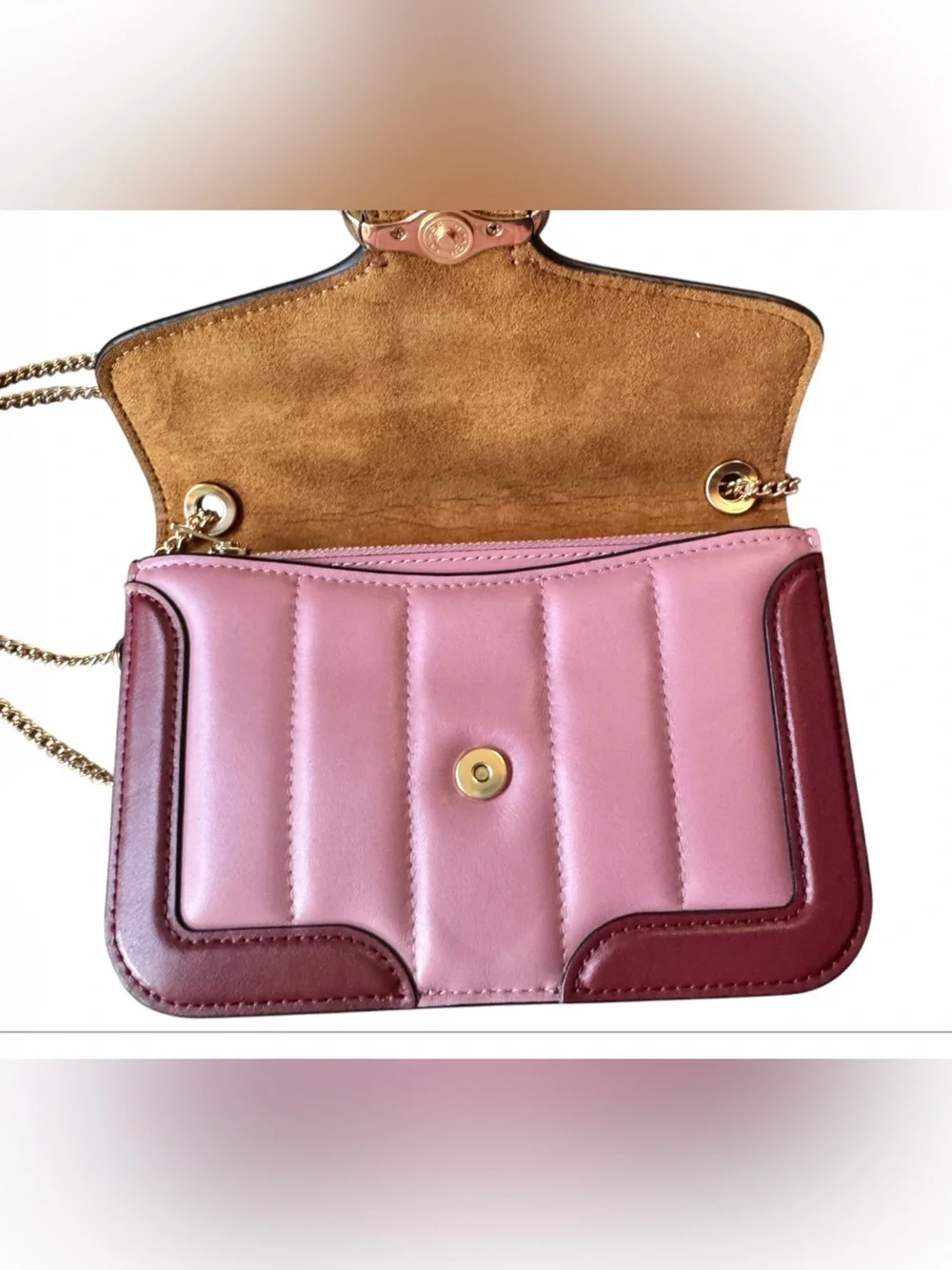 Coach Colorblock Leather Crossbody in Pink, Brown and Tan